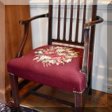 F29. Mahogany side chair with needlepoint seat. 35”h x 21”w x 21”d 